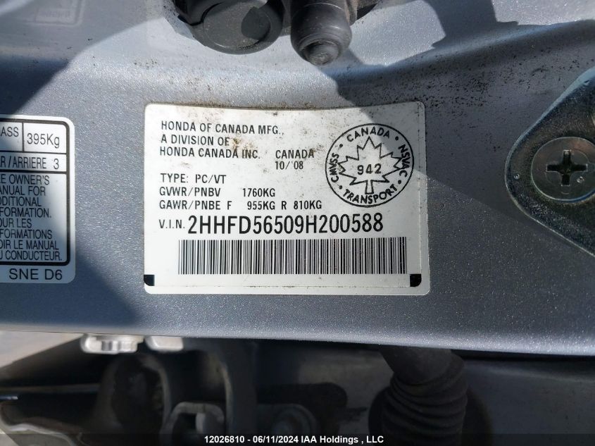 2009 Acura Csx VIN: 2HHFD56509H200588 Lot: 12026810