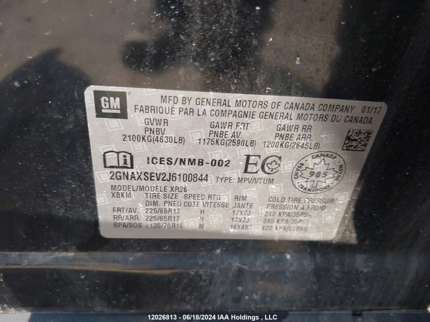 2018 Chevrolet Equinox Lt VIN: 2GNAXSEV2J6100844 Lot: 12026813