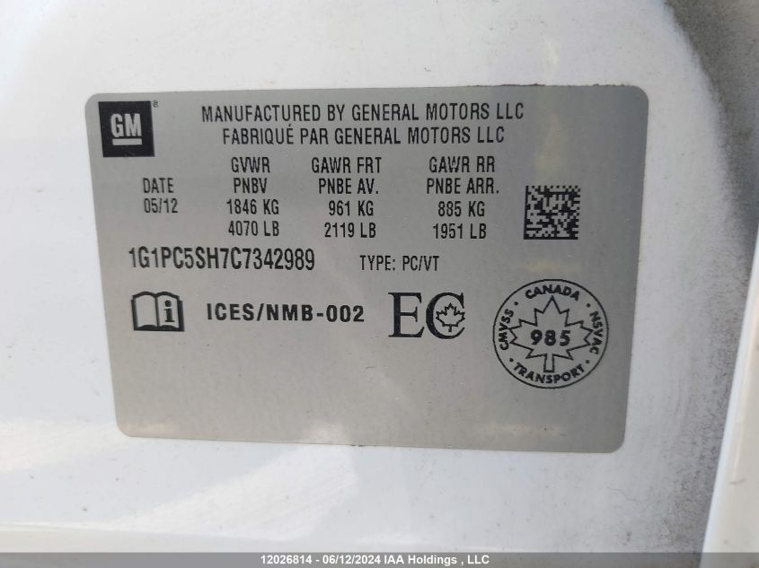 2012 Chevrolet Cruze VIN: 1G1PC5SH7C7342989 Lot: 12026814