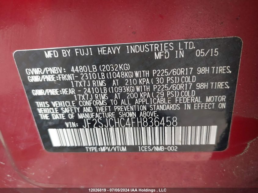 2015 Subaru Forester VIN: JF2SJCHC4FH836458 Lot: 12026819