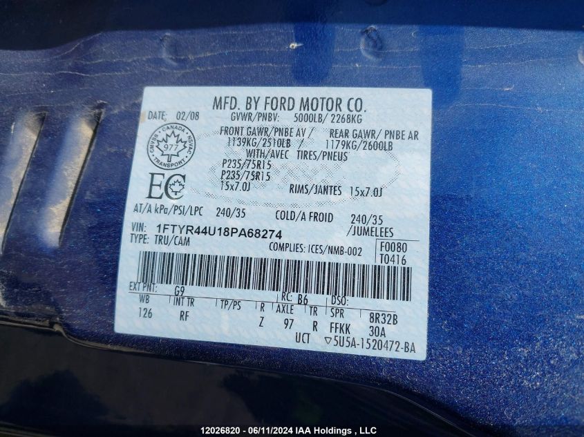 2008 Ford Ranger Super Cab VIN: 1FTYR44U18PA68274 Lot: 12026820