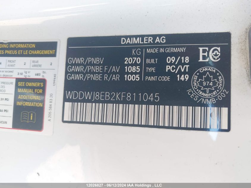 2019 Mercedes-Benz C-Class VIN: WDDWJ8EB2KF811045 Lot: 12026827