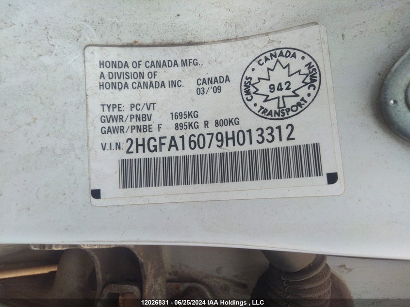 2009 Honda Civic Sdn VIN: 2HGFA16079H013312 Lot: 12026831