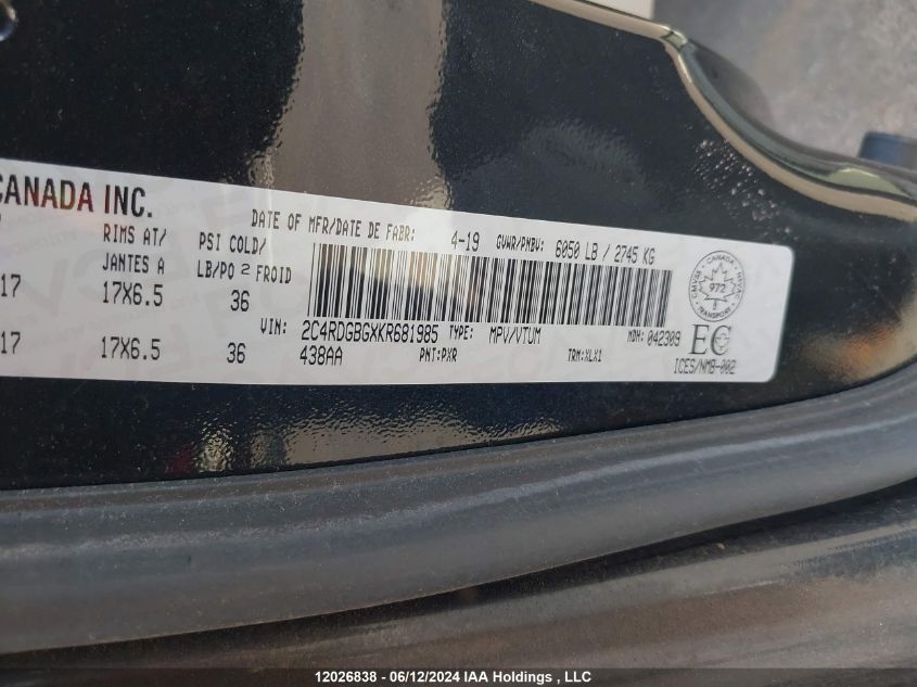 2019 Dodge Grand Caravan Se VIN: 2C4RDGBGXKR681985 Lot: 12026838