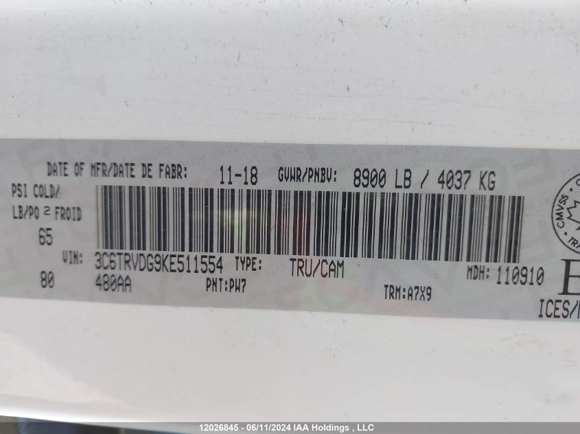2019 Ram Promaster 2500 High Roof VIN: 3C6TRVDG9KE511554 Lot: 12026845