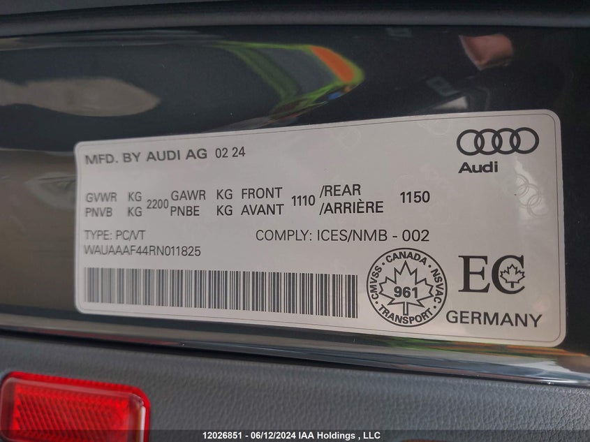 2024 Audi A4 Sedan VIN: WAUAAAF44RN011825 Lot: 12026851