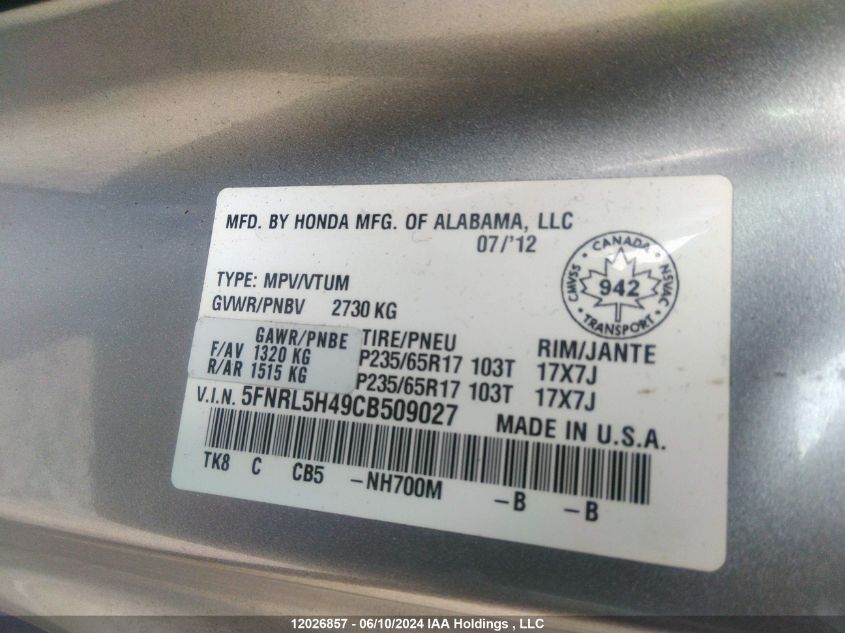 2012 Honda Odyssey VIN: 5FNRL5H49CB509027 Lot: 12026857