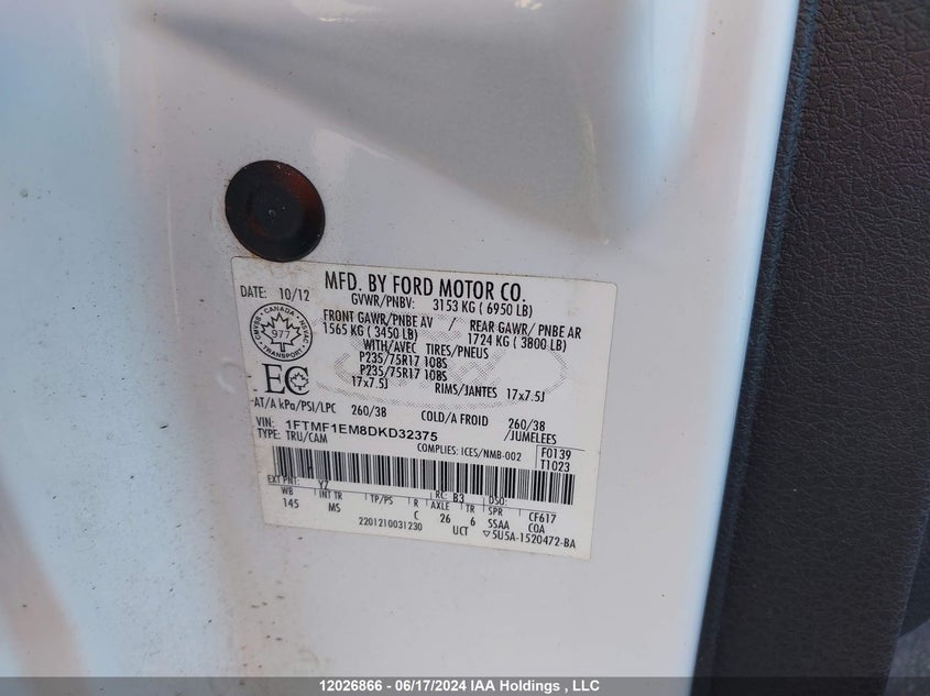 2013 Ford F-150 Xlt VIN: 1FTMF1EM8DKD32375 Lot: 12026866