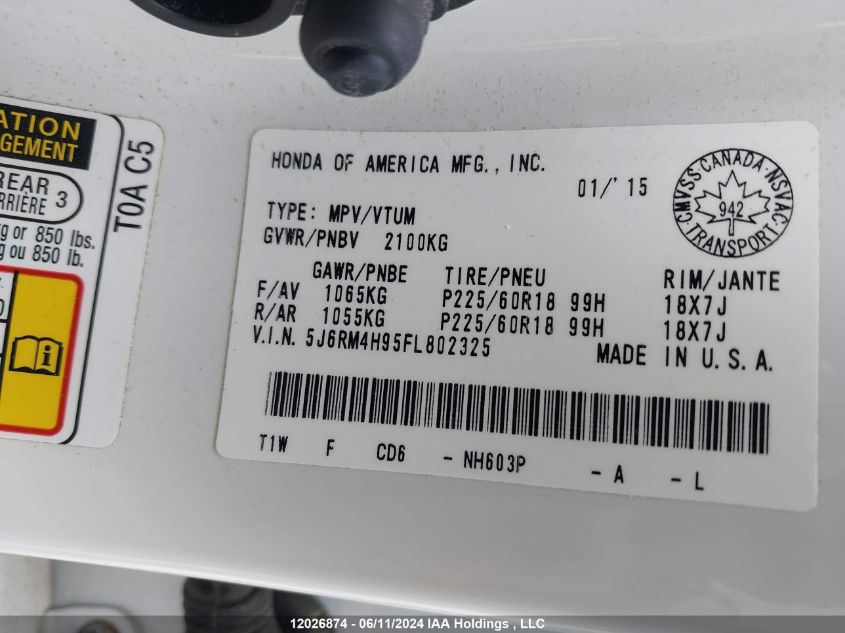 2015 Honda Cr-V VIN: 5J6RM4H95FL802325 Lot: 12026874