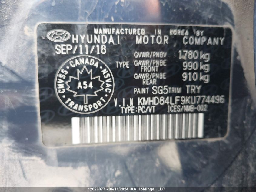 2019 Hyundai Elantra Sel/Value/Limited VIN: KMHD84LF9KU774496 Lot: 12026877