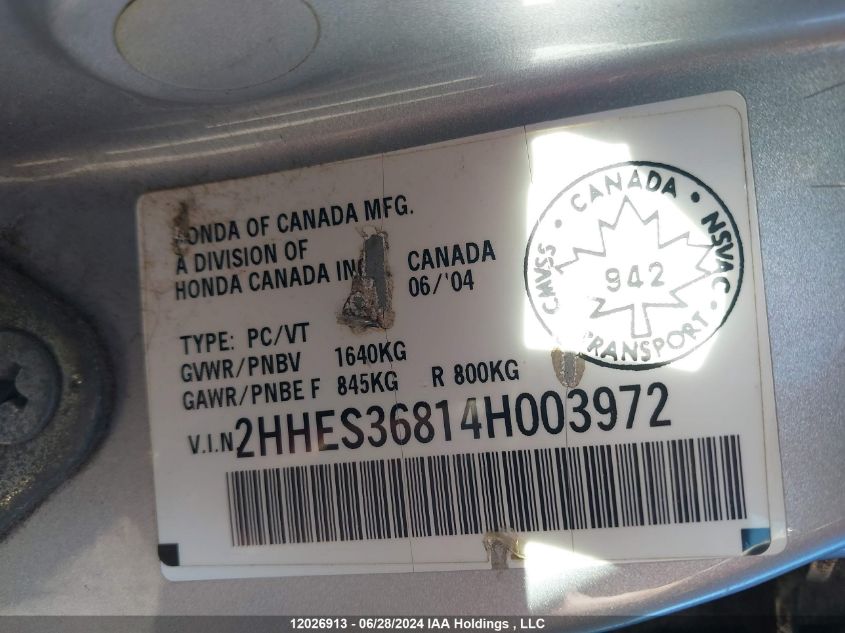 2004 Acura El VIN: 2HHES36814H003972 Lot: 12026913