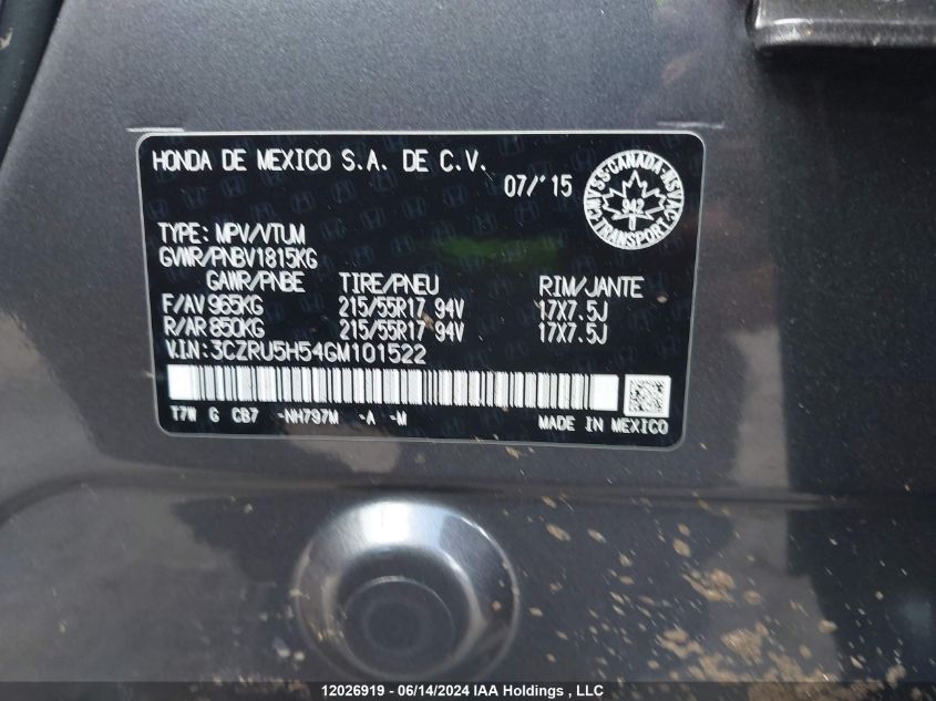 2016 Honda Hr-V VIN: 3CZRU5H54GM101522 Lot: 12026919