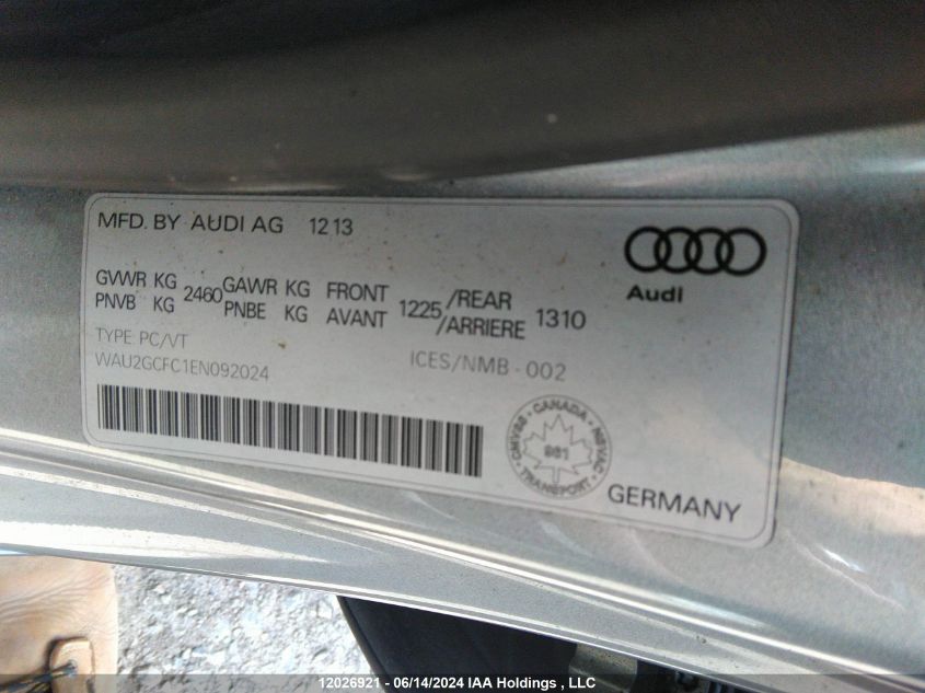 2014 Audi A7 VIN: WAU2GCFC1EN092024 Lot: 12026921