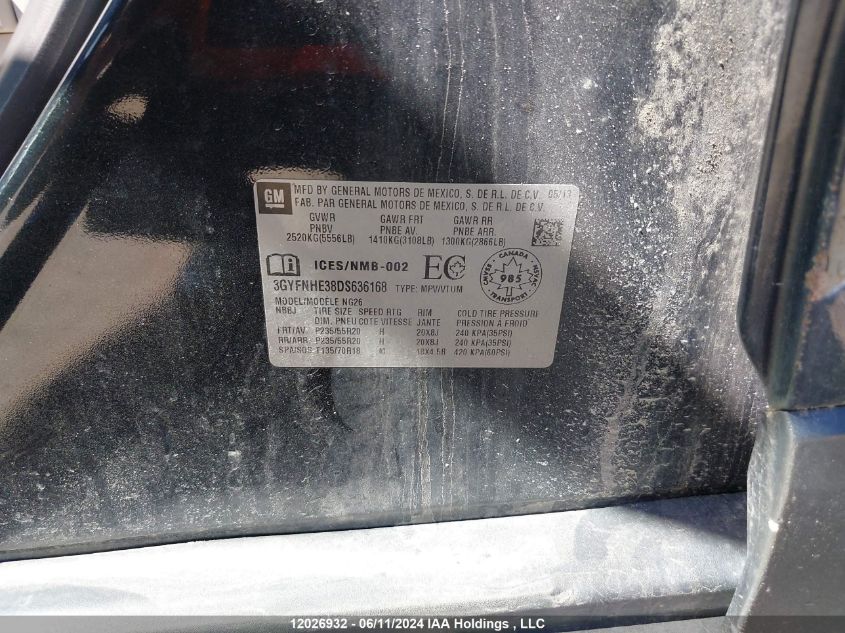 2013 Cadillac Srx Performance Collection VIN: 3GYFNHE38DS636168 Lot: 12026932