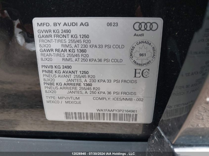 2023 Audi Q5 VIN: WA1FAAFY3P2164961 Lot: 12026945