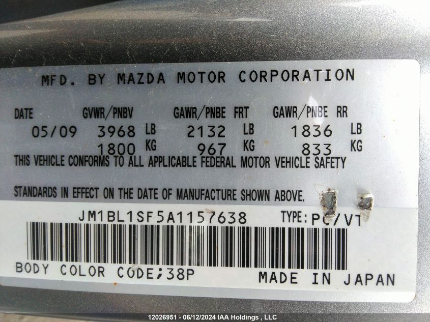 2010 Mazda 3 I VIN: JM1BL1SF5A1157638 Lot: 12026951