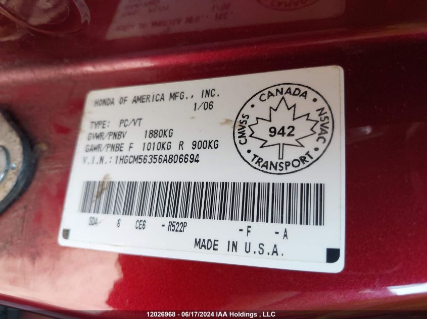 2006 Honda Accord Sdn VIN: 1HGCM56356A806694 Lot: 12026968