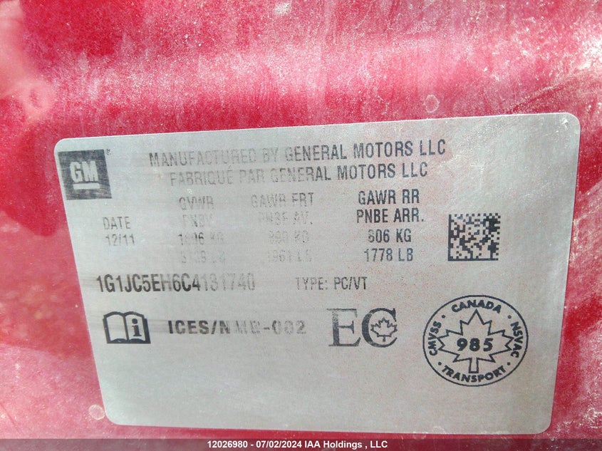 2012 Chevrolet Sonic VIN: 1G1JC5EH6C4131740 Lot: 12026980