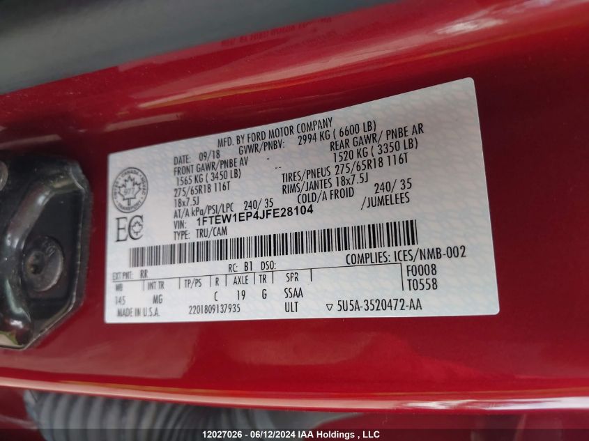 2018 Ford F-150 Xlt VIN: 1FTEW1EP4JFE28104 Lot: 12027026