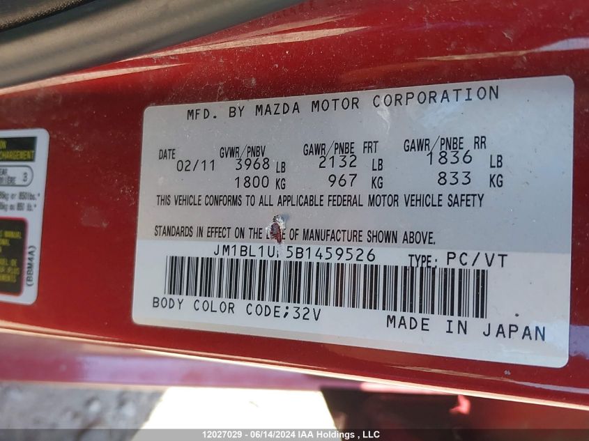 2011 Mazda Mazda3 VIN: JM1BL1UF5B1459526 Lot: 12027029