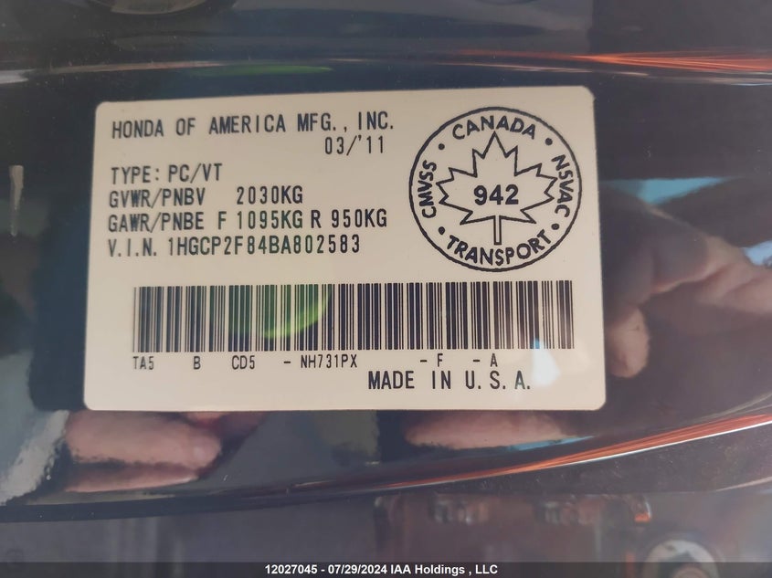 2011 Honda Accord VIN: 1HGCP2F84BA802583 Lot: 12027045