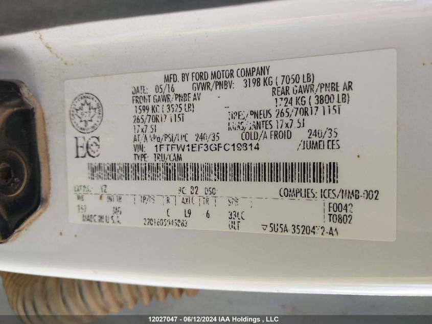 2016 Ford F-150 Xlt VIN: 1FTFW1EF3GFC19814 Lot: 12027047