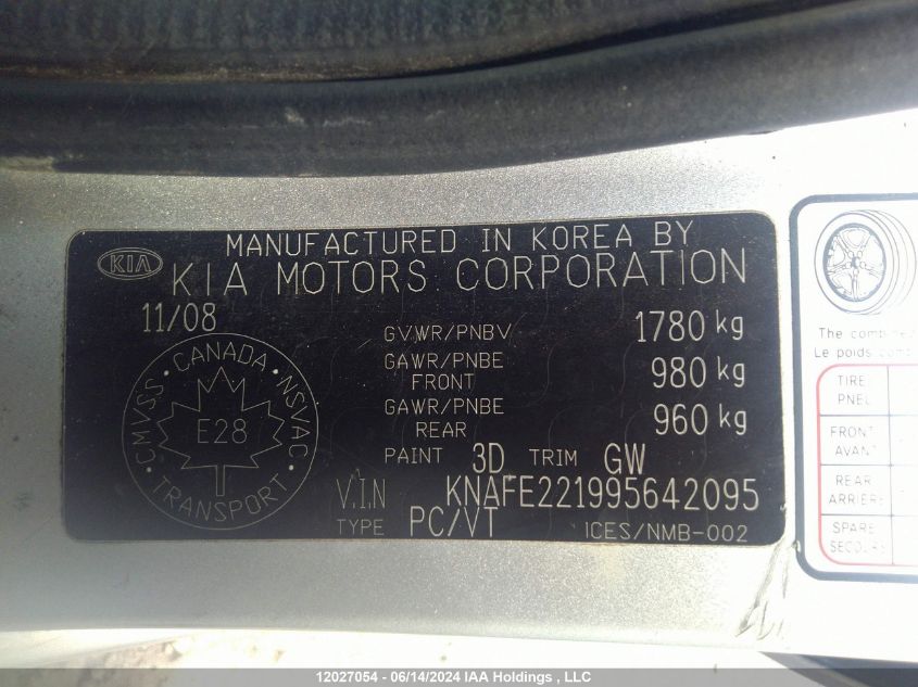 2009 Kia Spectra VIN: KNAFE221995642095 Lot: 12027054