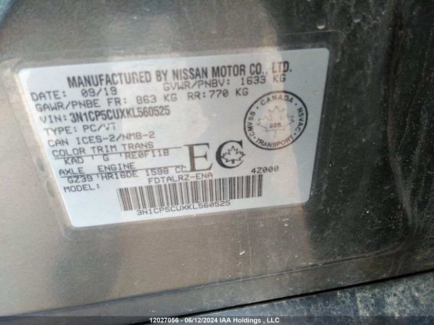 2019 Nissan Kicks S/Sr/Sv VIN: 3N1CP5CUXKL560525 Lot: 12027056