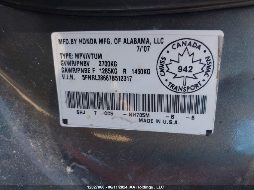 2007 Honda Odyssey Exl VIN: 5FNRL38667B512317 Lot: 12027060