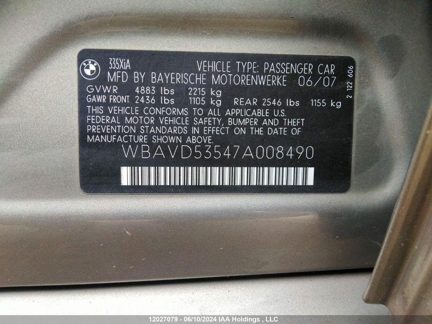 2007 BMW 335 Xi VIN: WBAVD53547A008490 Lot: 12027079