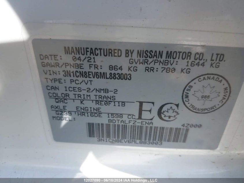 2021 Nissan Versa VIN: 3N1CN8EV6ML883003 Lot: 12027090