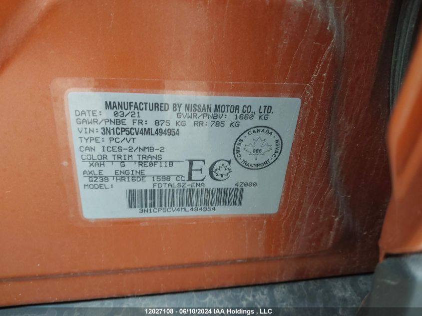 2021 Nissan Kicks VIN: 3N1CP5CV4ML494954 Lot: 12027108