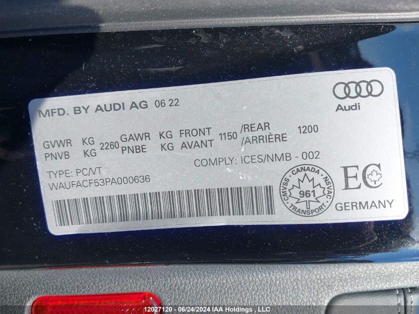 2023 Audi A5 VIN: WAUFACF53PA000636 Lot: 12027120