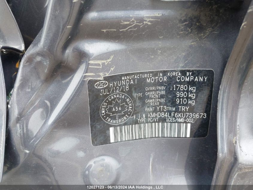 2019 Hyundai Elantra Preferred VIN: KMHD84LF6KU739673 Lot: 12027123