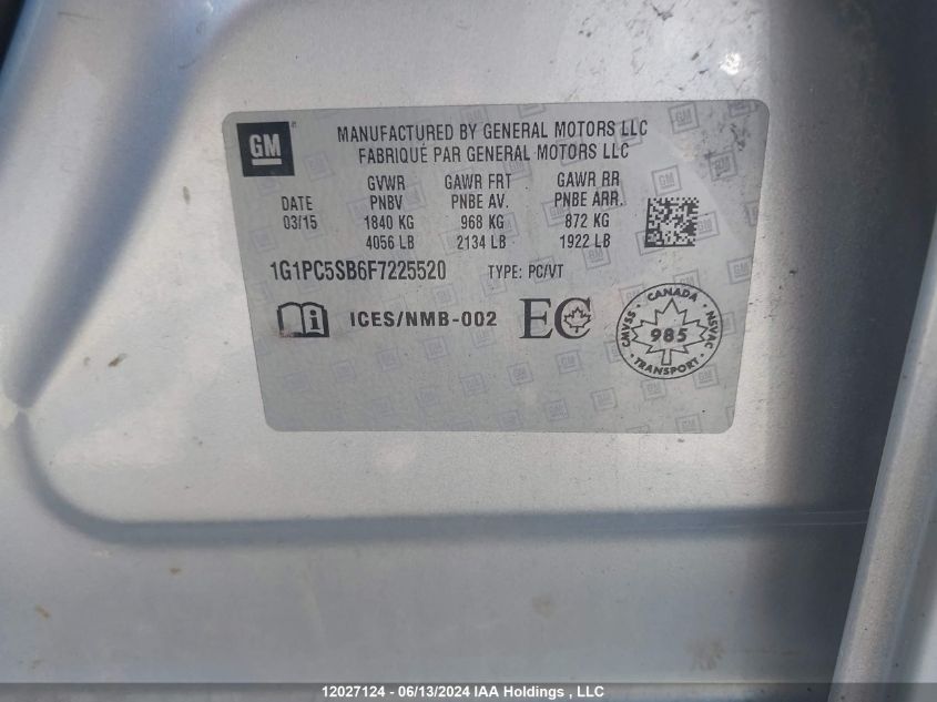 2015 Chevrolet Cruze Lt VIN: 1G1PC5SB6F7225520 Lot: 12027124
