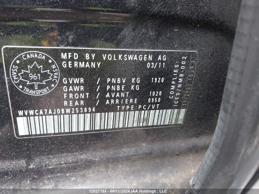 2011 Volkswagen Golf VIN: WVWCA7AJ0BW253894 Lot: 12027153