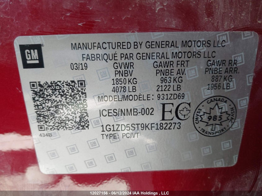 2019 Chevrolet Malibu VIN: 1G1ZD5ST9KF182273 Lot: 12027156