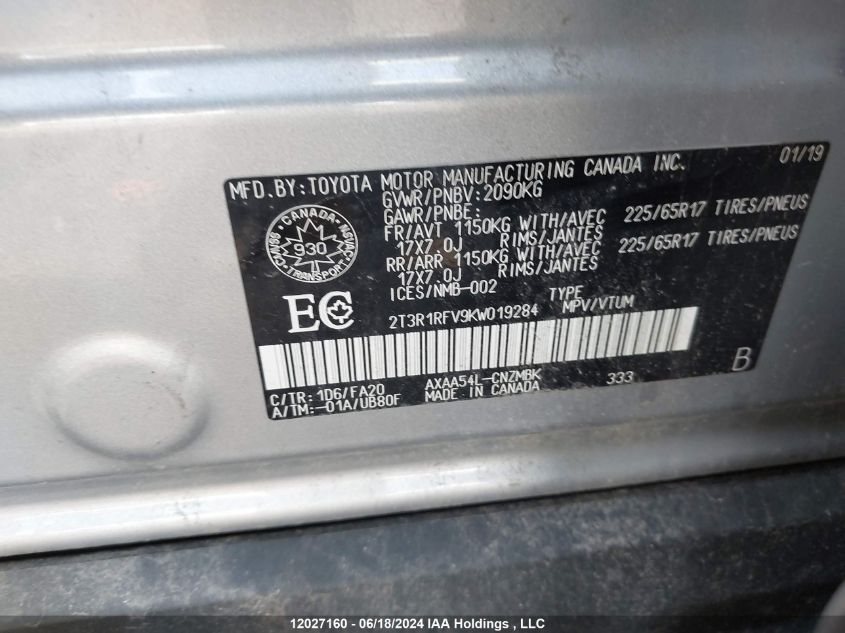 2019 Toyota Rav4 Xle/Xle Premium VIN: 2T3R1RFV9KW019284 Lot: 12027160