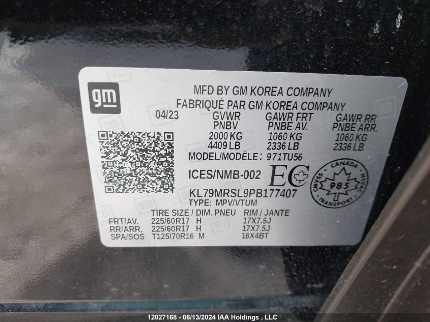 2023 Chevrolet Trailblazer VIN: KL79MRSL9PB177407 Lot: 12027168