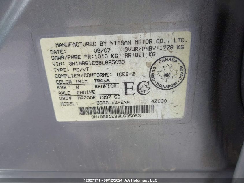 2008 Nissan Sentra 2.0/2.0S/2.0Sl VIN: 3N1AB61E98L635053 Lot: 12027171