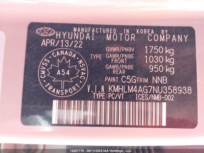 2022 Hyundai Elantra Sel VIN: KMHLM4AG7NU358938 Lot: 12027178