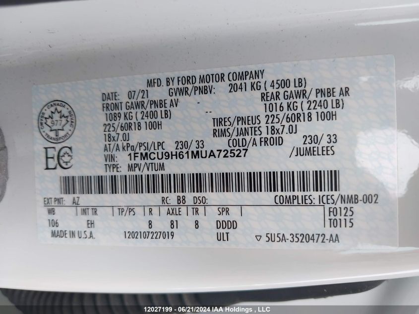 2021 Ford Escape Sel VIN: 1FMCU9H61MUA72527 Lot: 12027199