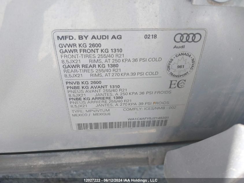 2018 Audi Sq5 VIN: WA1C4AFY5J2145331 Lot: 12027222