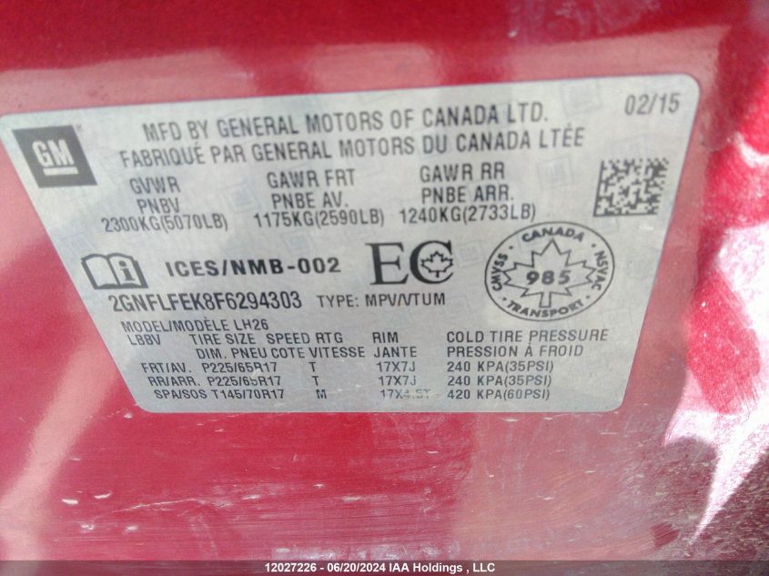 2015 Chevrolet Equinox VIN: 2GNFLFEK8F6294303 Lot: 12027226