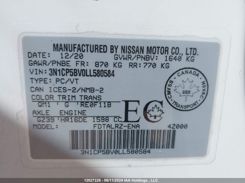 2020 Nissan Kicks VIN: 3N1CP5BV0LL580584 Lot: 12027228