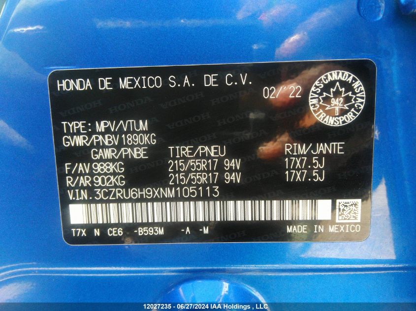 2022 Honda Hr-V VIN: 3CZRU6H9XNM105113 Lot: 12027235