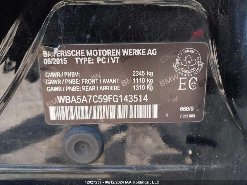 2015 BMW 528 Xi VIN: WBA5A7C59FG143514 Lot: 12027237