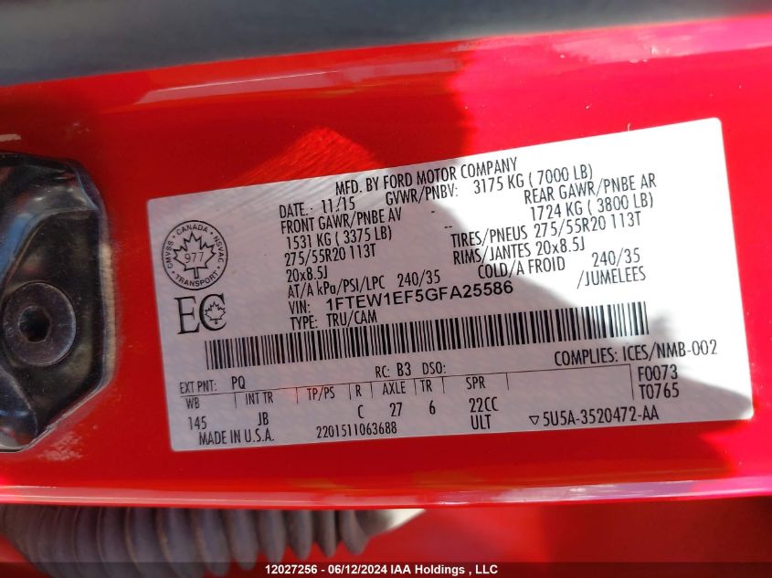 2016 Ford F150 Supercrew VIN: 1FTEW1EF5GFA25586 Lot: 12027256