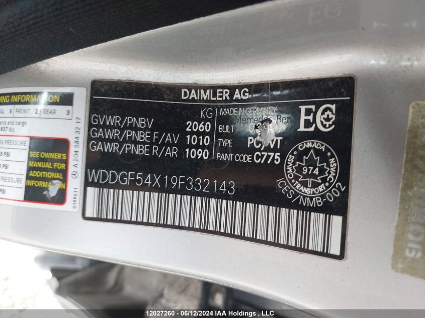 2009 Mercedes-Benz C-Class VIN: WDDGF54X19F332143 Lot: 12027260