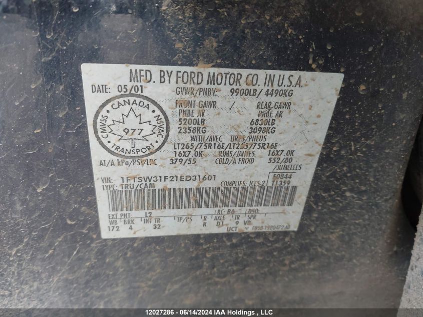 2001 Ford Super Duty F-350 Srw VIN: 1FTSW31F21ED31601 Lot: 12027286